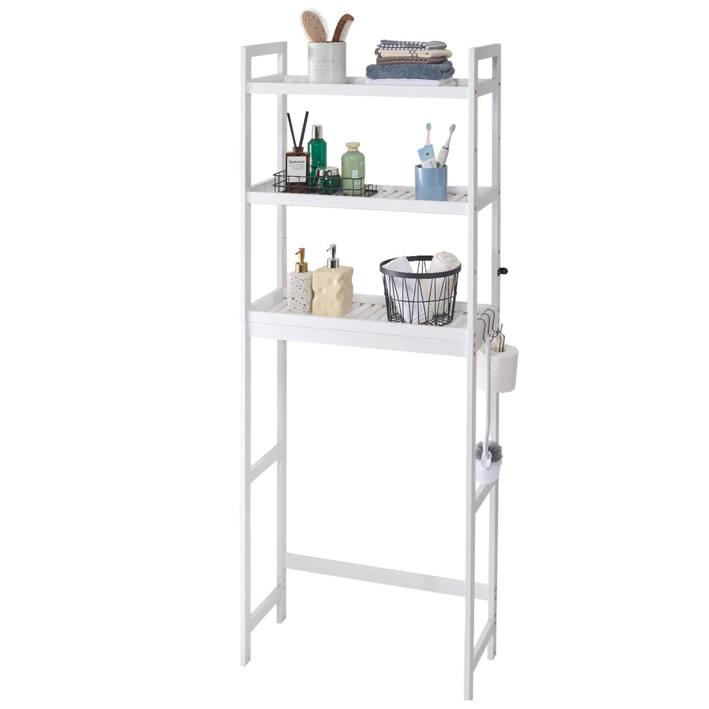 Over The Toilet Storage, 3-Tier Adjustable Over Toilet Bathroom Organizer, Bamboo Storage Shelf Rack With 3 Hooks, Freestanding Easy Assembly Laundry Space Saver, Fit Most Toilets, White