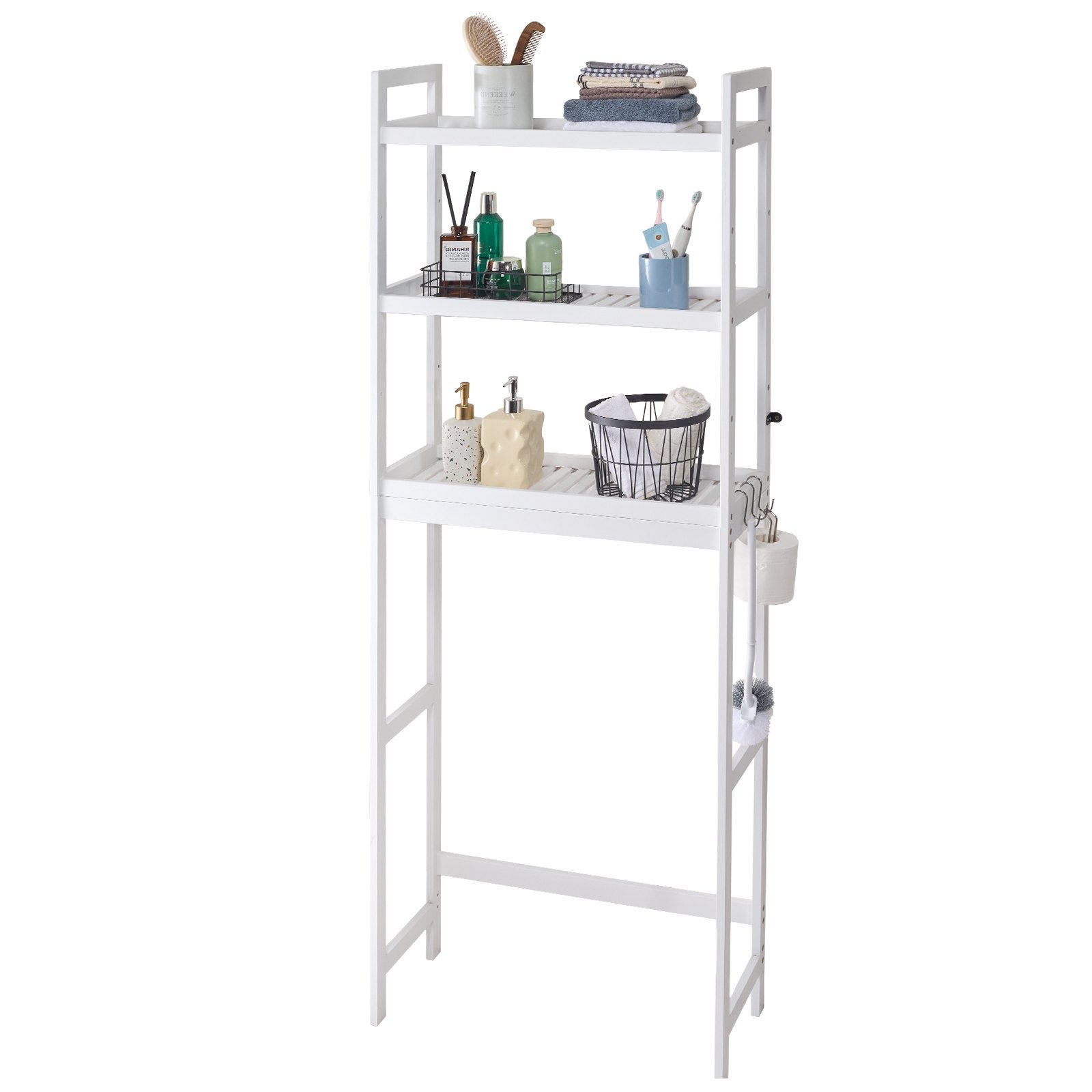 Over The Toilet Storage, 3-Tier Adjustable Over Toilet Bathroom Organizer, Bamboo Storage Shelf Rack With 3 Hooks, Freestanding Easy Assembly Laundry Space Saver, Fit Most Toilets, White