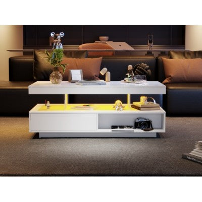Led Coffee Table With 2 Drawer Storage, High Gloss Coffee Table For Living Room Open Storage Space Centre Table With 16-Color Led Lights,End Table For Home Office Furniture, White
