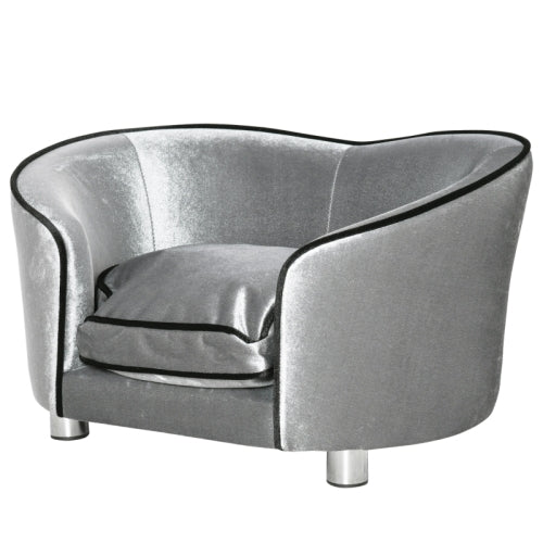 PawHut Dog Sofa Pet Chair, Kitten Bed Couch W  Wooden Frame, Removable Cushion - Silver-Tone And Grey